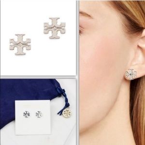 silver tory burch logo stud earrings